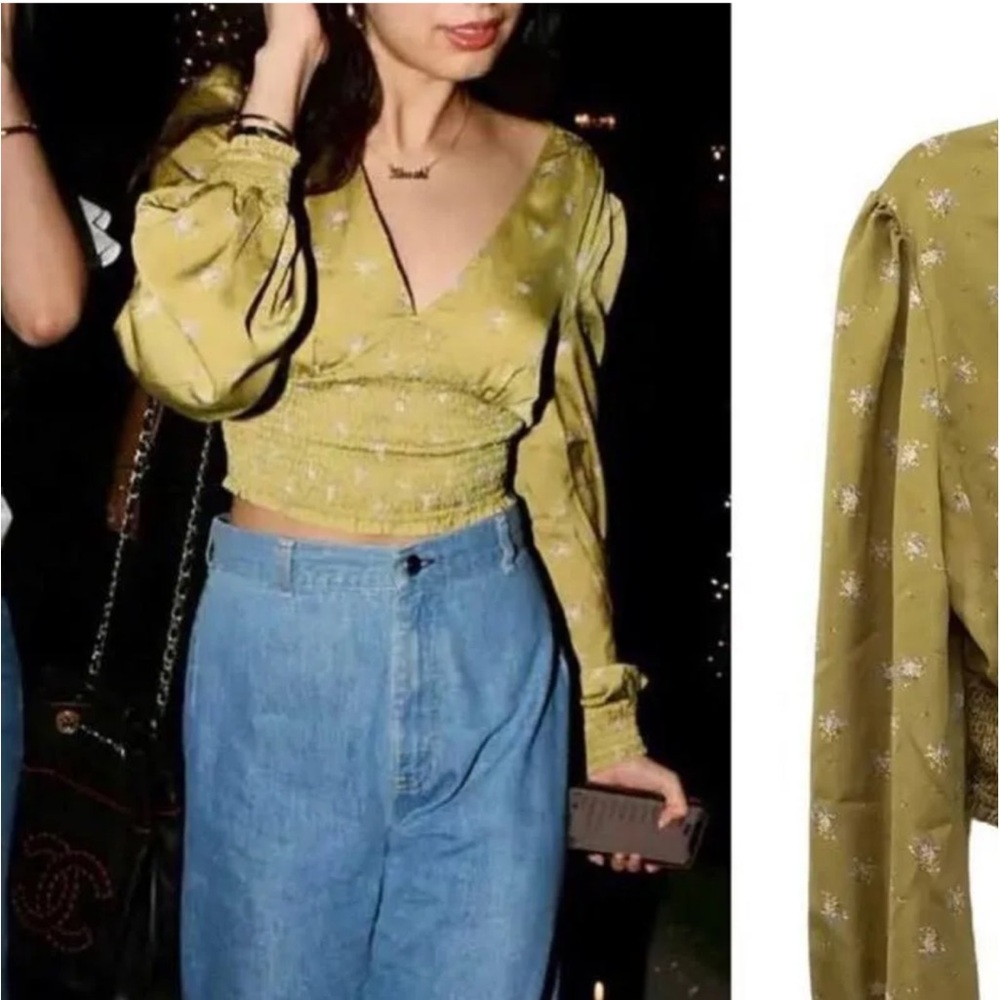 Smocked Sage Green Long Sleeve Floral Blouse Cropped Balloon Sleeve